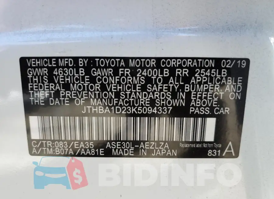 JTHBA1D23K5094337 Photo# 13
