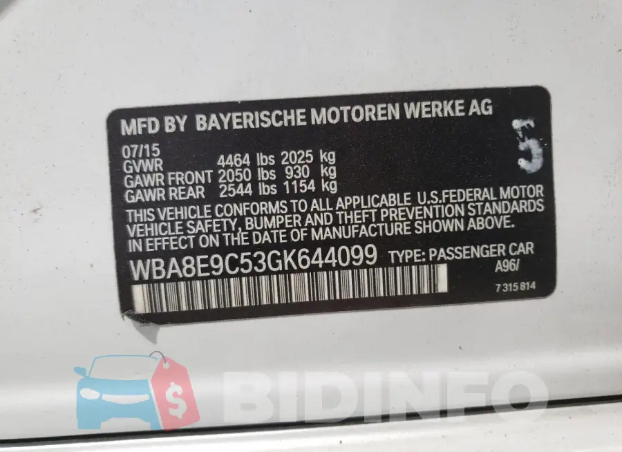 WBA8E9C53GK644099 Photo# 12