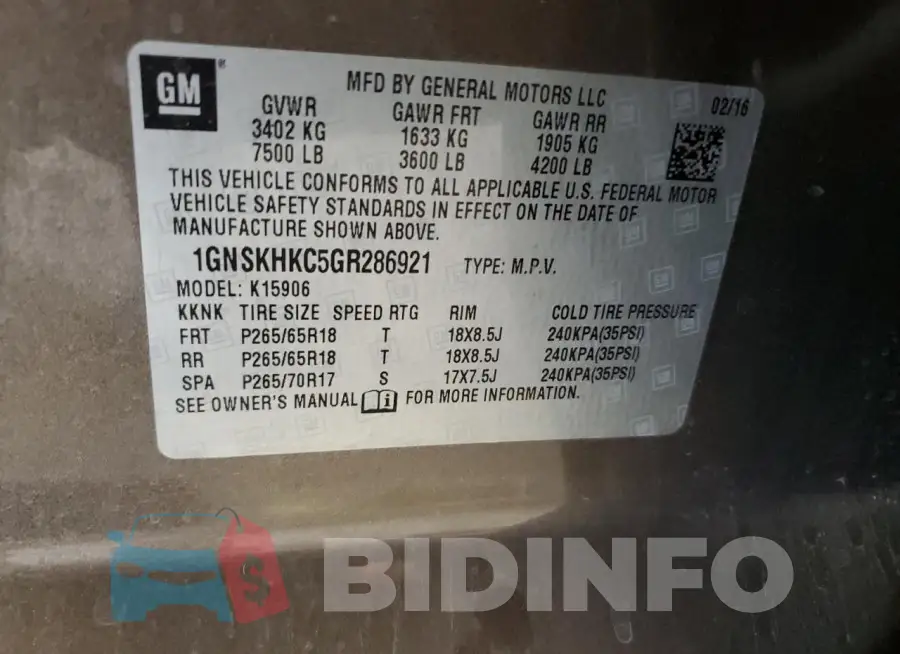1GNSKHKC5GR286921 Photo# 13