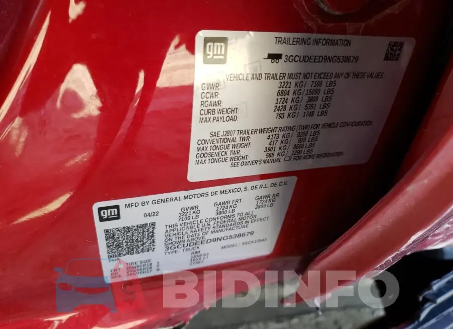 3GCUDEED9NG538679 Photo# 12