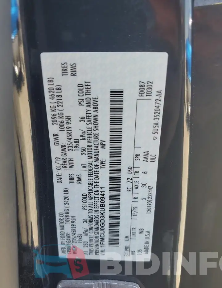 1FMCU0GD3KUB09411 Photo# 12