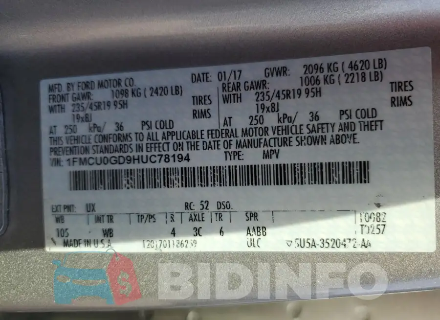 1FMCU0GD9HUC78194 Photo# 12