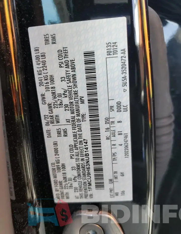 1FMCU9H63NUB14147 Photo# 14