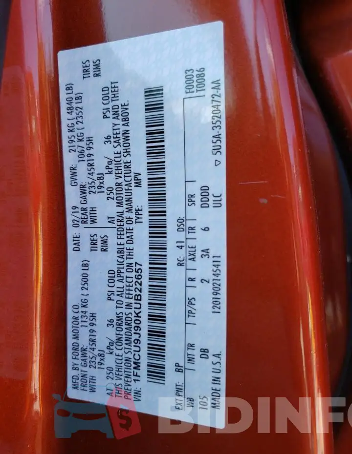1FMCU9J90KUB22657 Photo# 12
