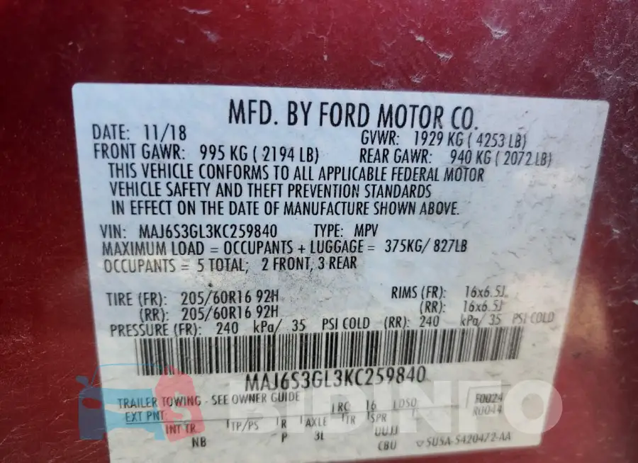 MAJ6S3GL3KC259840 Photo# 14