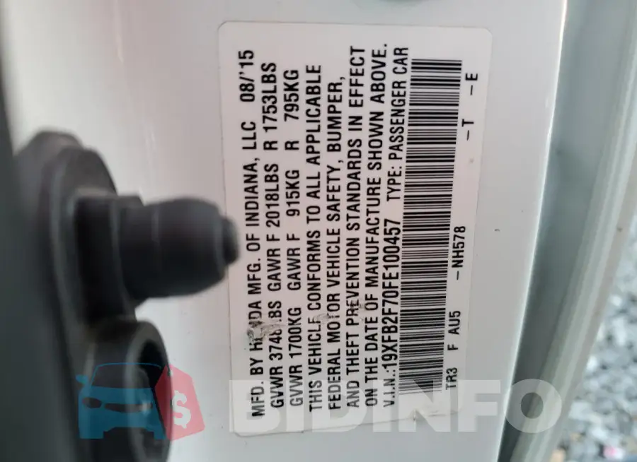 19XFB2F70FE100457 Photo# 13