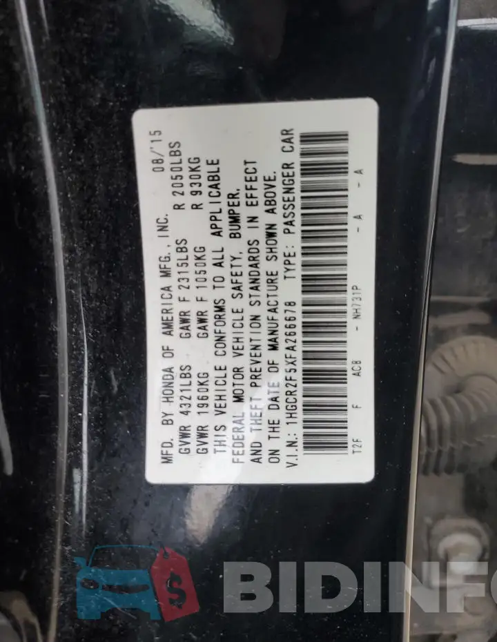 1HGCR2F5XFA266678 Photo# 12