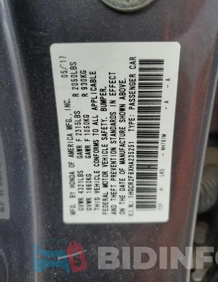 1HGCR2F8XHA235251 Photo# 12
