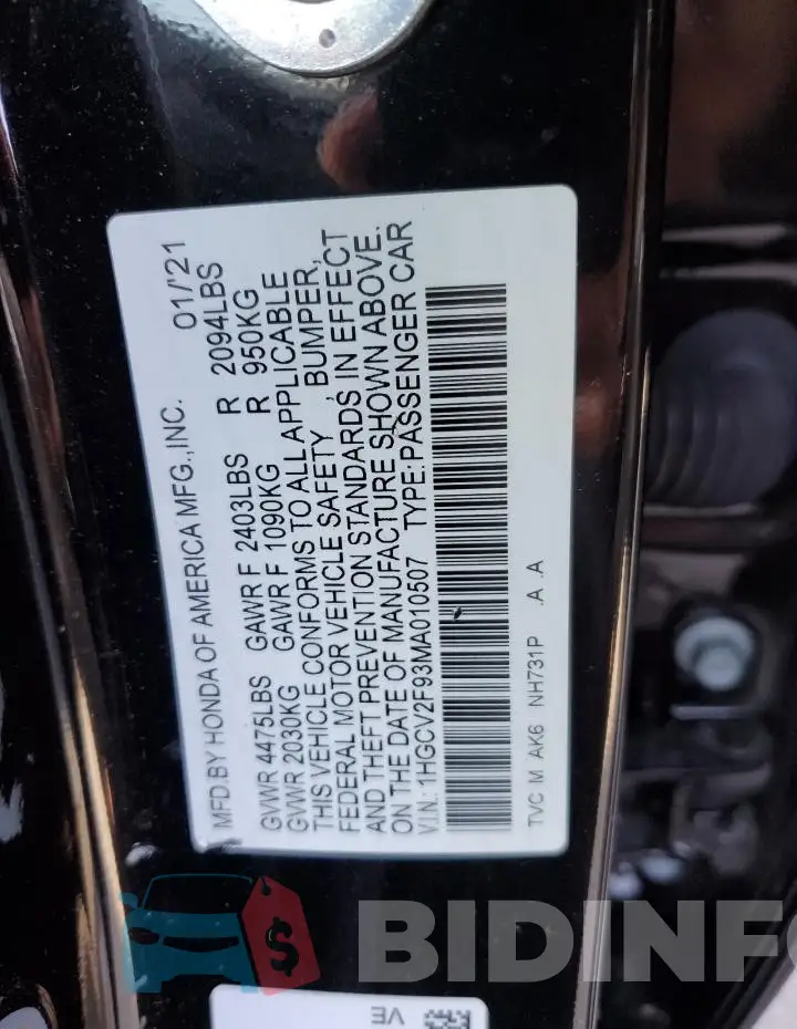 1HGCV2F93MA010507 Photo# 12