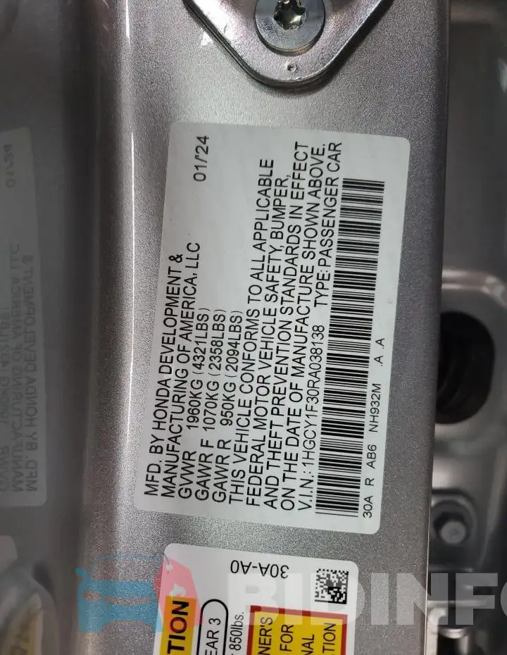 1HGCY1F30RA038138 Photo# 12