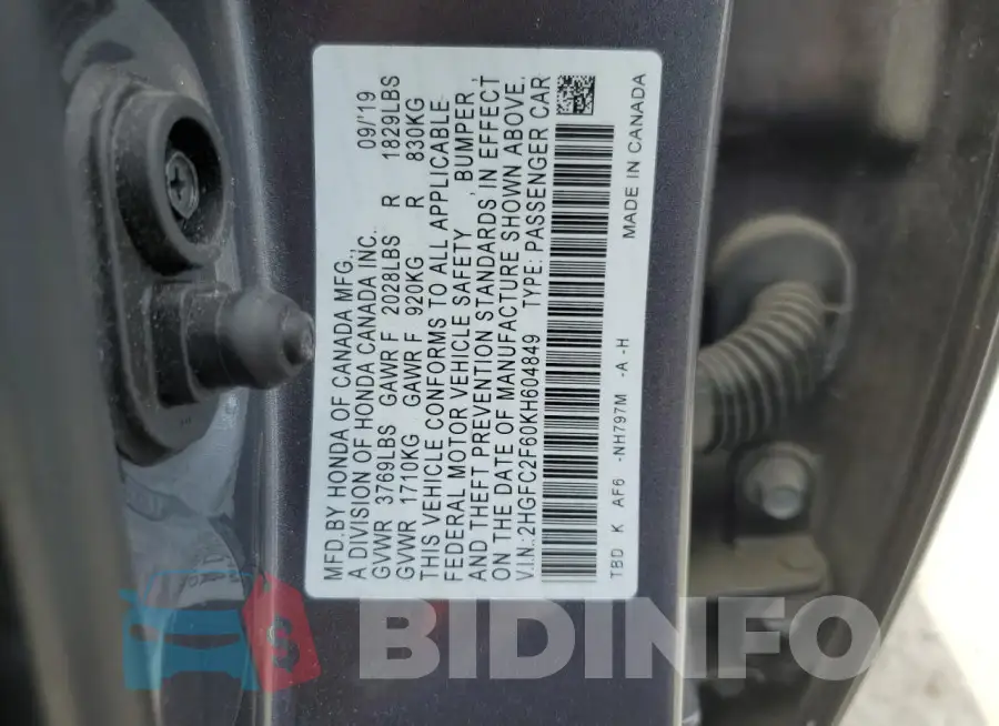 2HGFC2F60KH604849 Photo# 13