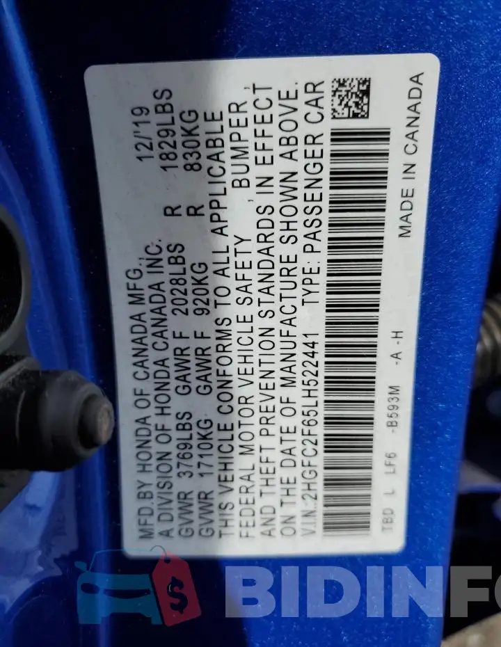 2HGFC2F65LH522441 Photo# 13