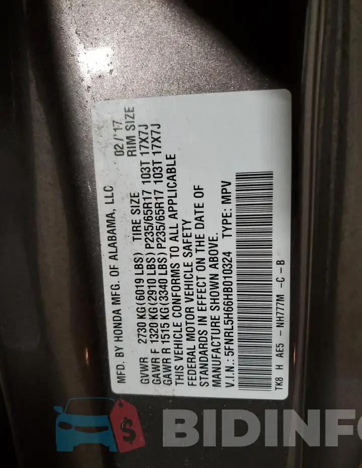 5FNRL5H66HB010324 Photo# 13