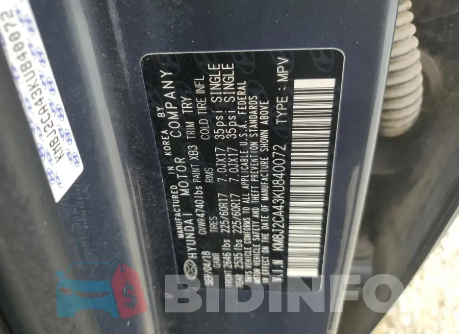 KM8J2CA43KU840072 Photo# 12