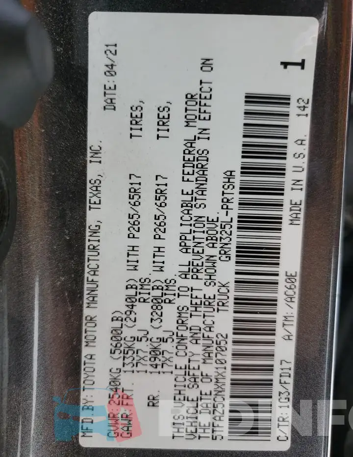 5TFAZ5CNXMX107052 Photo# 13