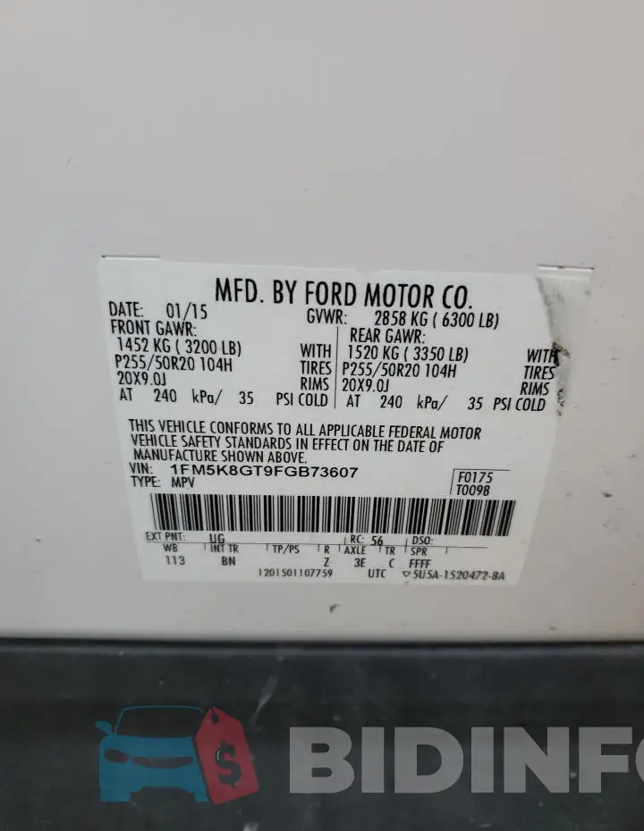 1FM5K8GT9FGB73607 Photo# 13