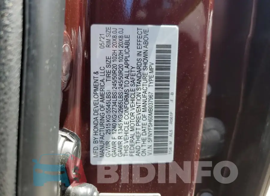 5FNYF5H60MB037967 Photo# 13