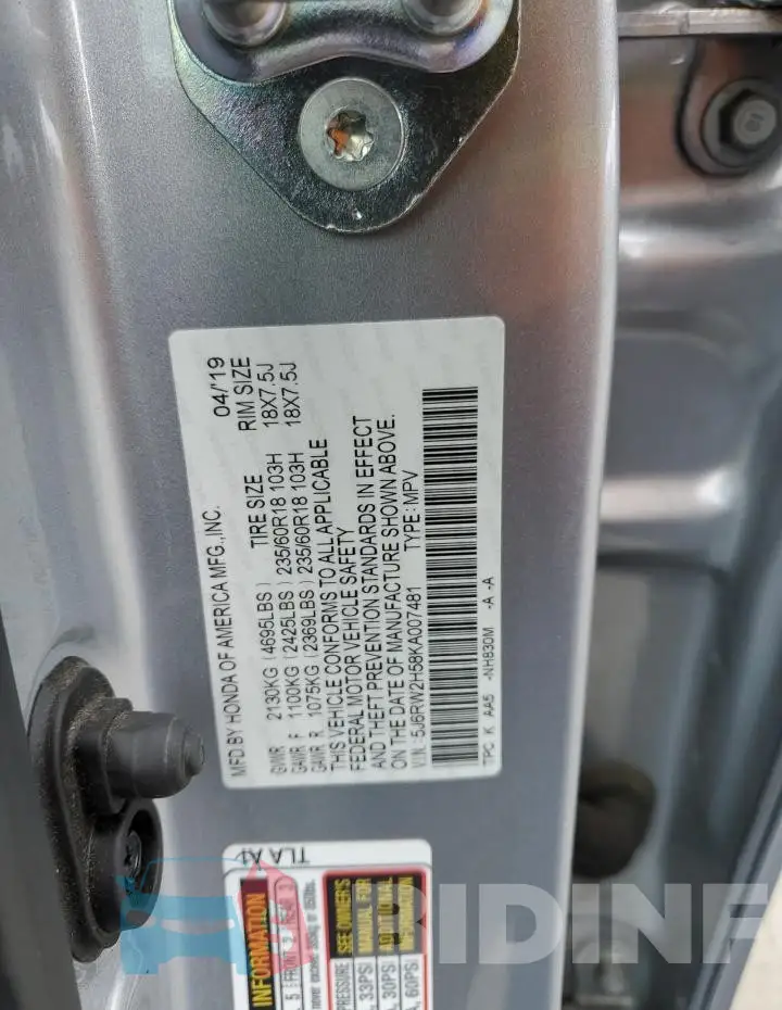 5J6RW2H58KA007481 Photo# 12