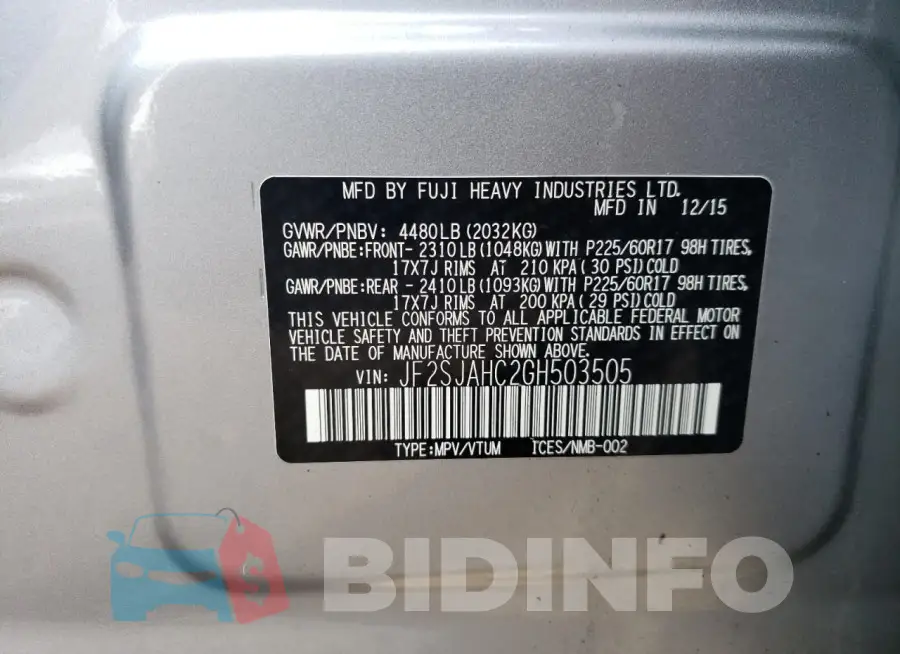 JF2SJAHC2GH503505 Photo# 12