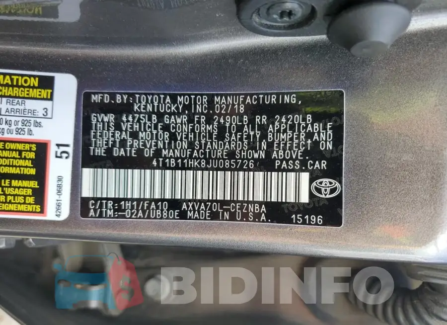 4T1B11HK8JU085726 Photo# 13