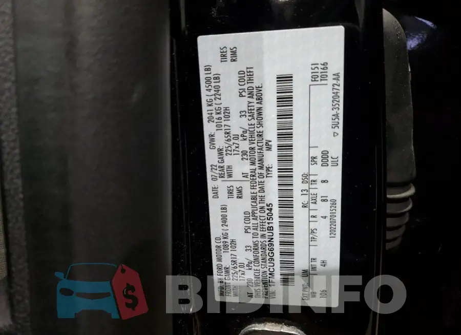 1FMCU9G69NUB15045 Photo# 12