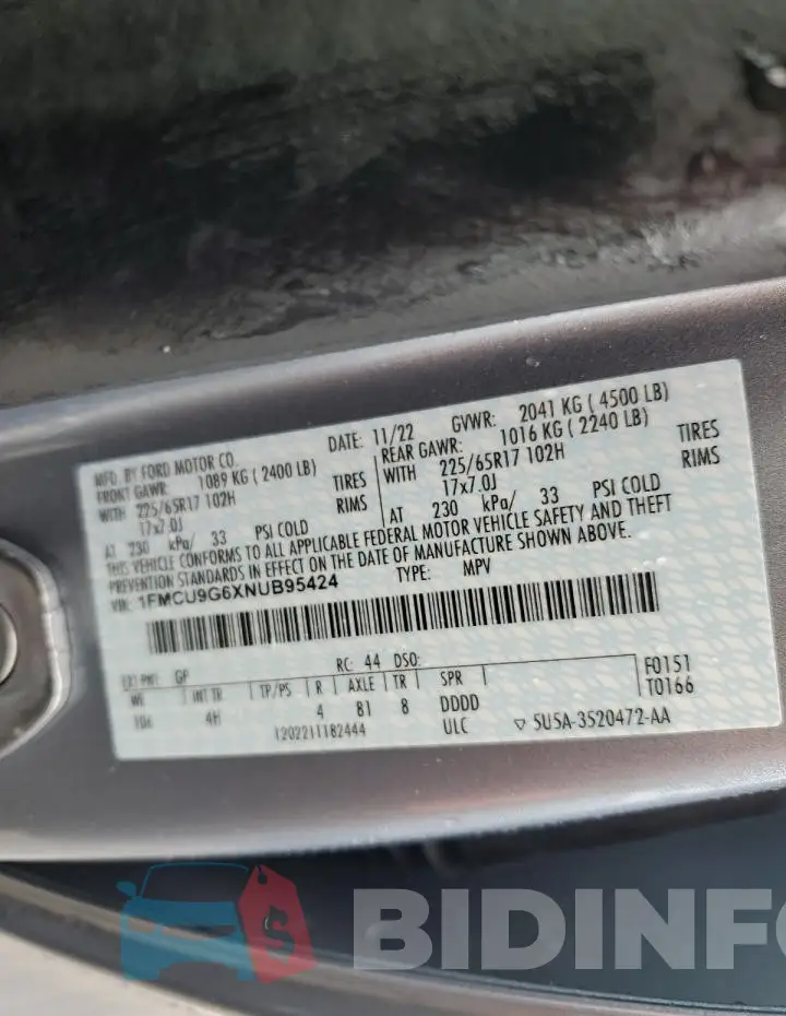 1FMCU9G6XNUB95424 Photo# 14