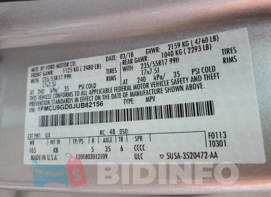 1FMCU9GD0JUB82156 Photo# 12