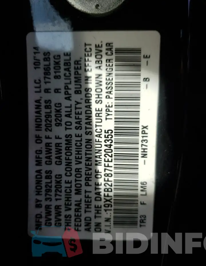 19XFB2F87FE204355 Photo# 12