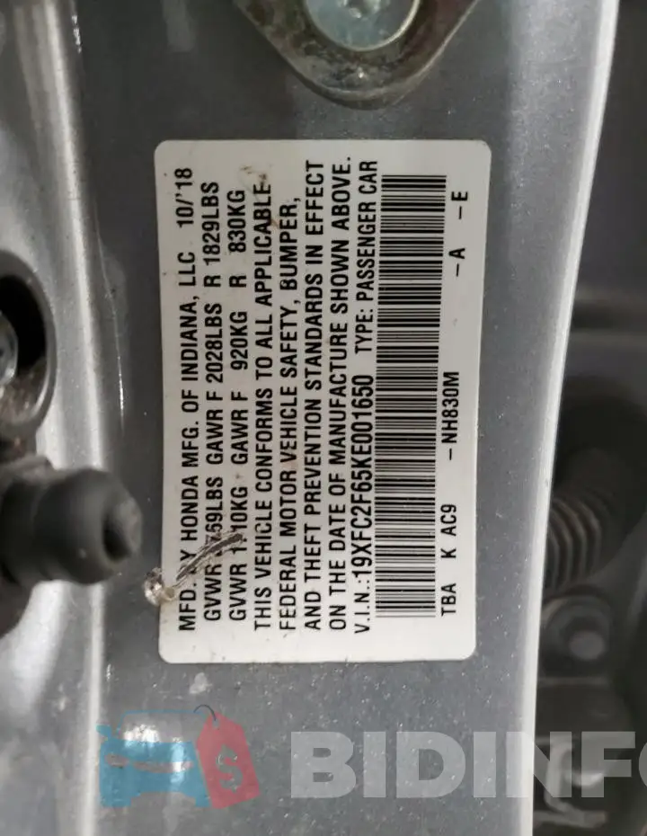 19XFC2F65KE001650 Photo# 13