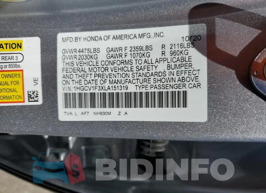 1HGCV1F3XLA151319 Photo# 12