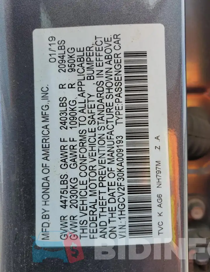 1HGCV2F30KA009193 Photo# 12