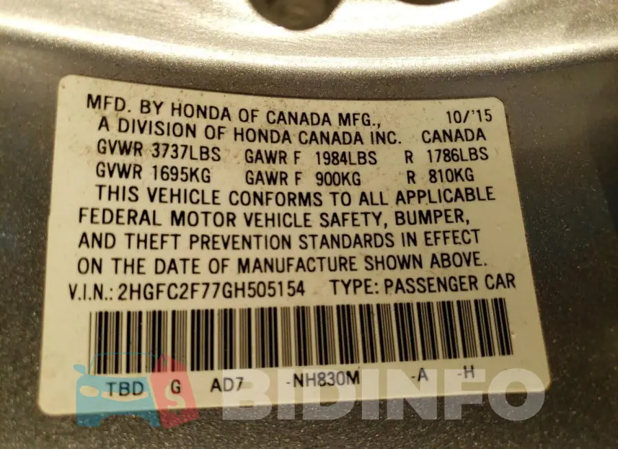 2HGFC2F77GH505154 Photo# 12