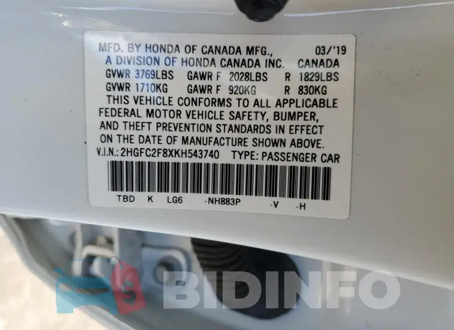 2HGFC2F8XKH543740 Photo# 12