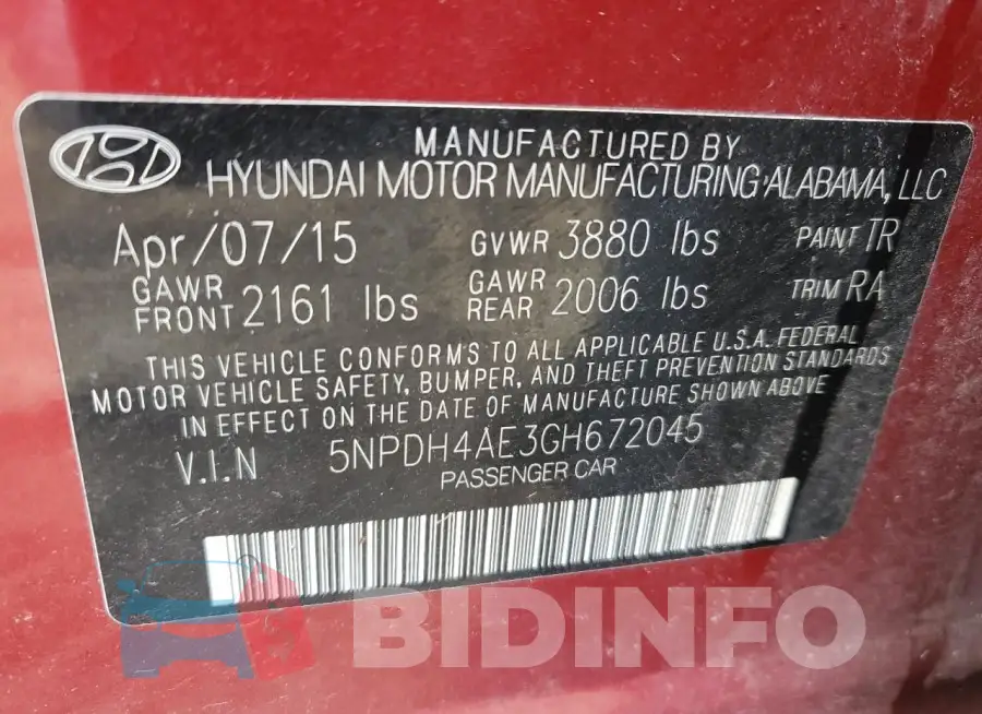 5NPDH4AE3GH672045 Photo# 12