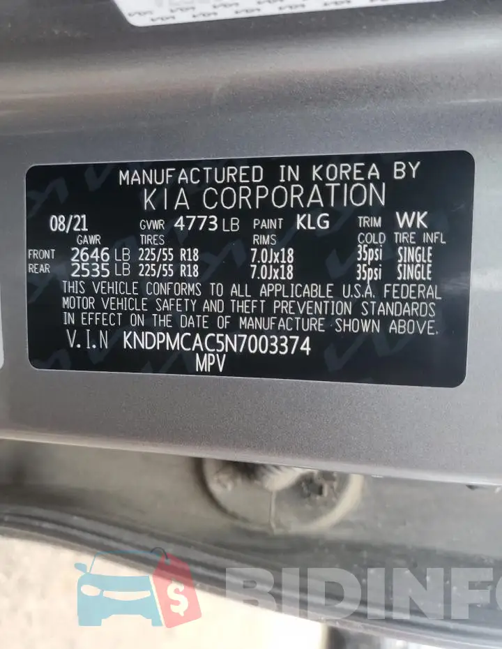 KNDPMCAC5N7003374 Photo# 14