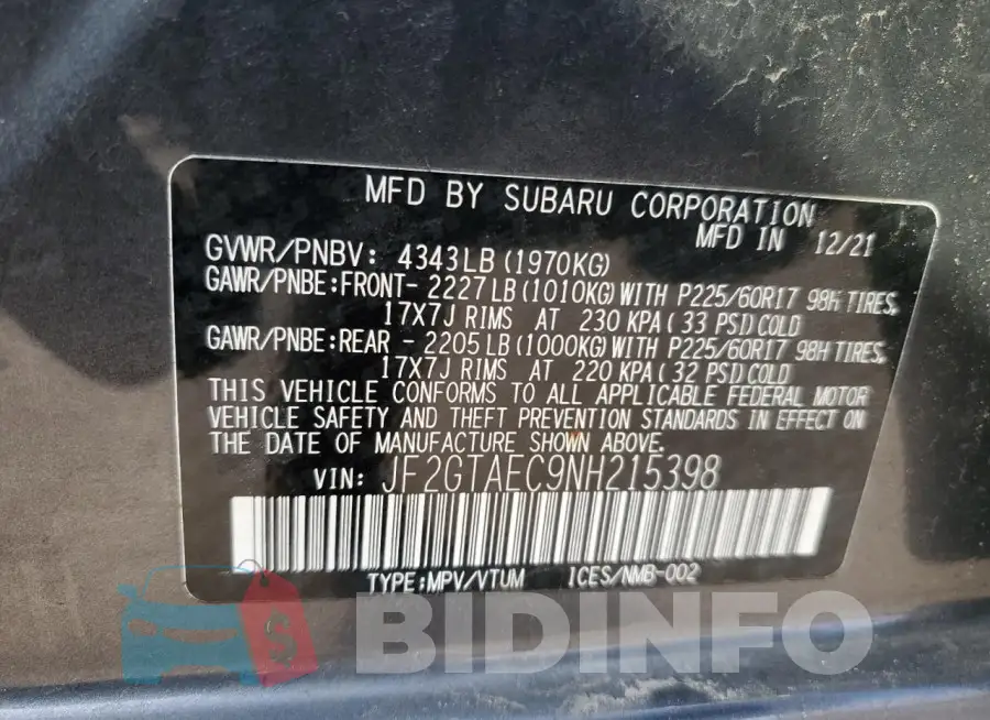 JF2GTAEC9NH215398 Photo# 12