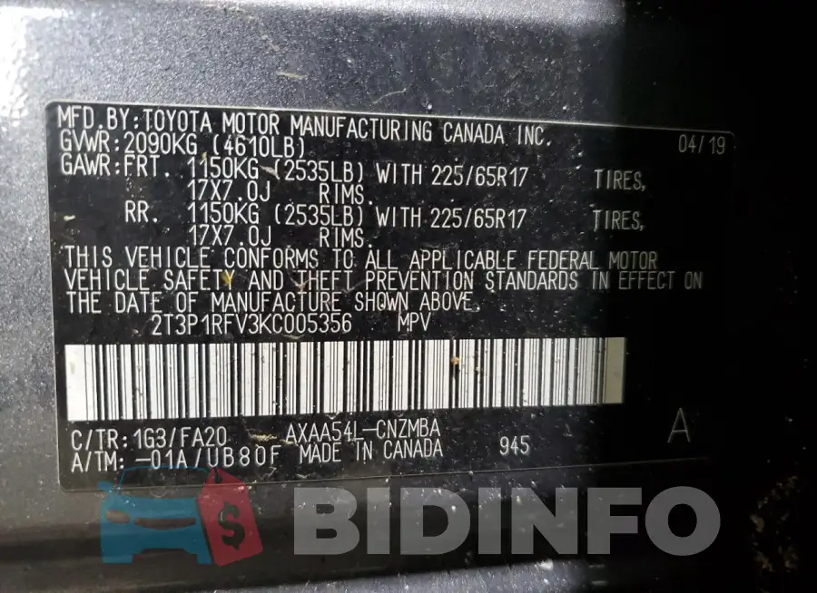 2T3P1RFV3KC005356 Photo# 14