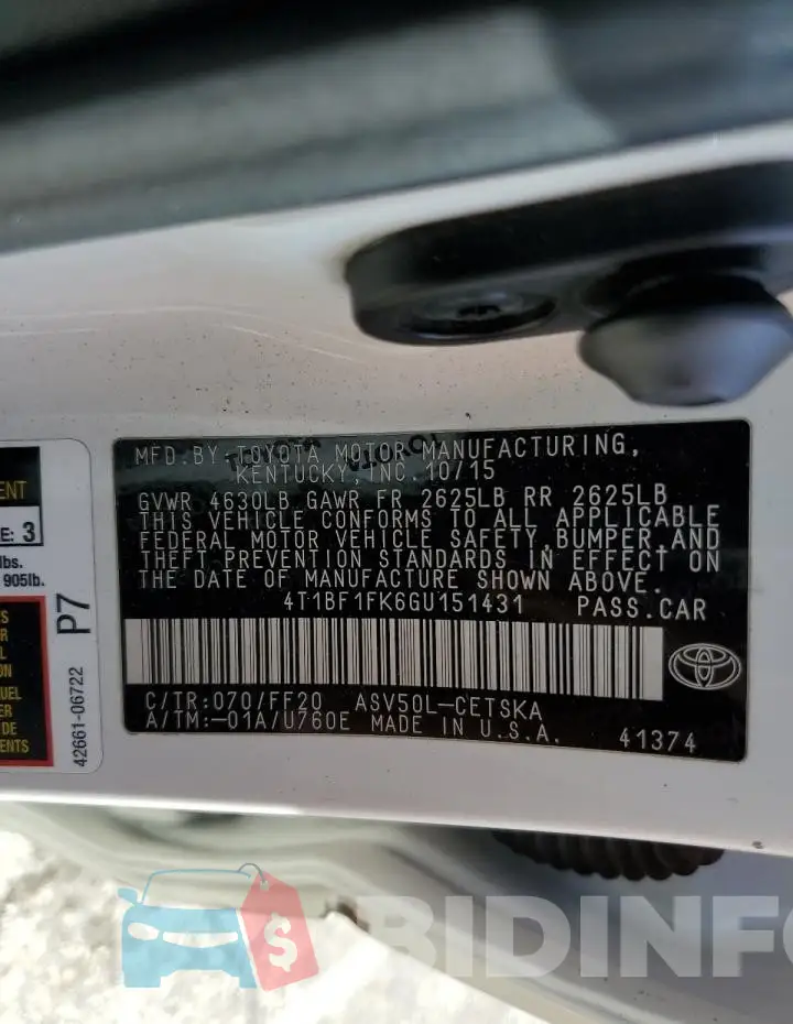4T1BF1FK6GU151431 Photo# 12
