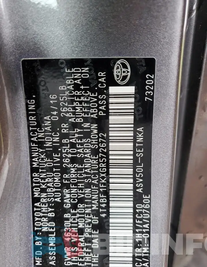 4T4BF1FKXGR572672 Photo# 12