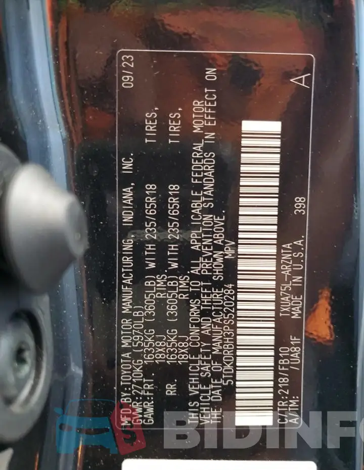 5TDKDRBH3PS520284 Photo# 13