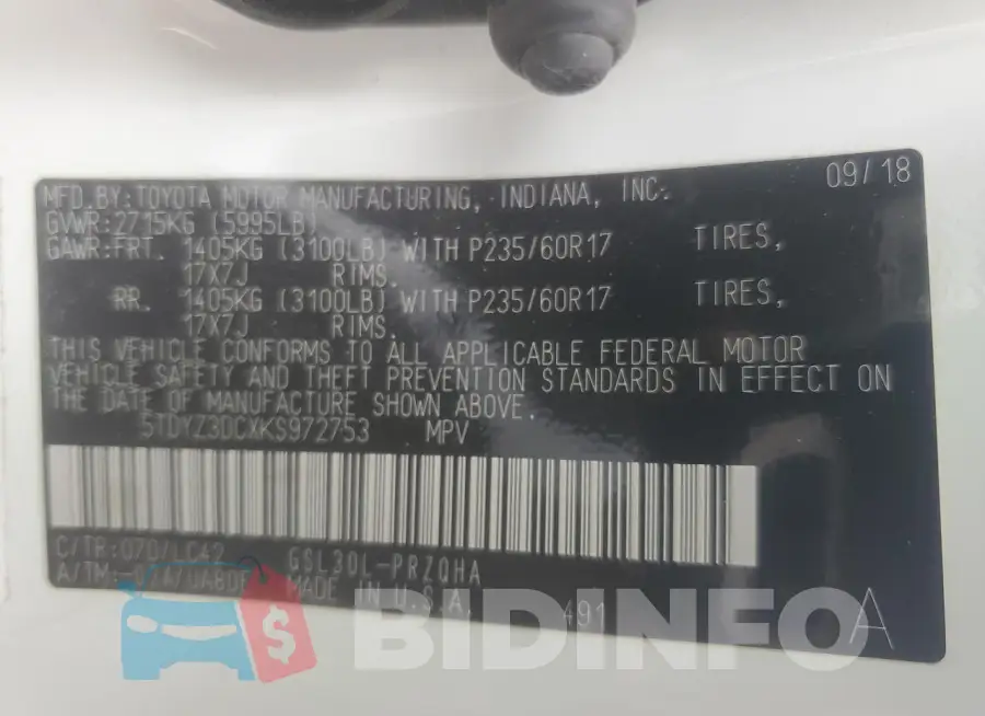 5TDYZ3DCXKS972753 Photo# 13