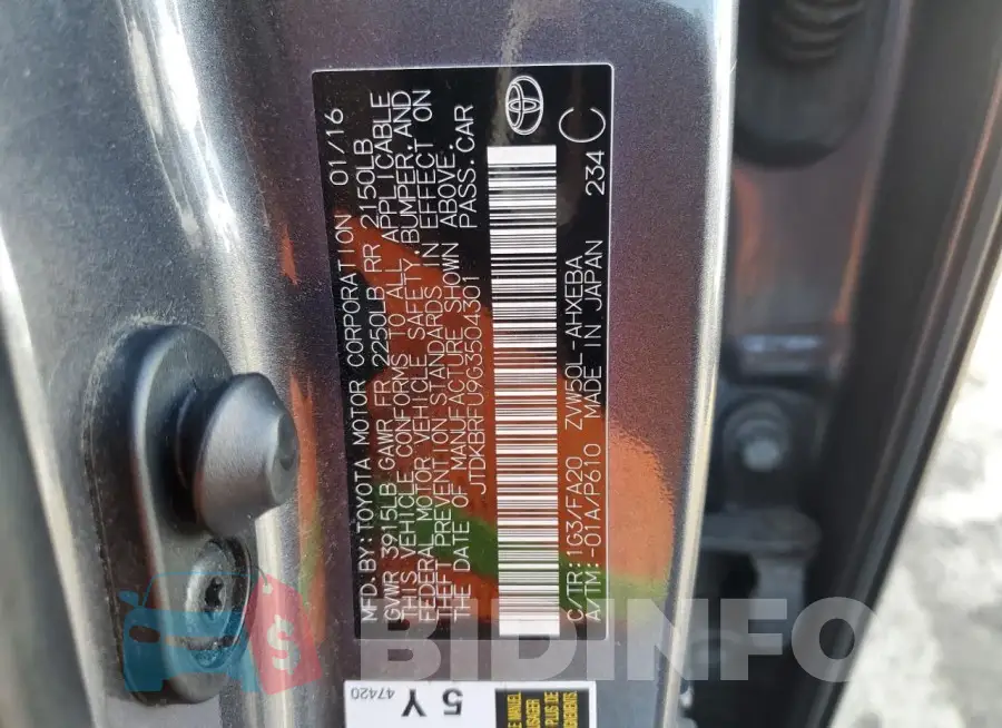 JTDKBRFU9G3504301 Photo# 13