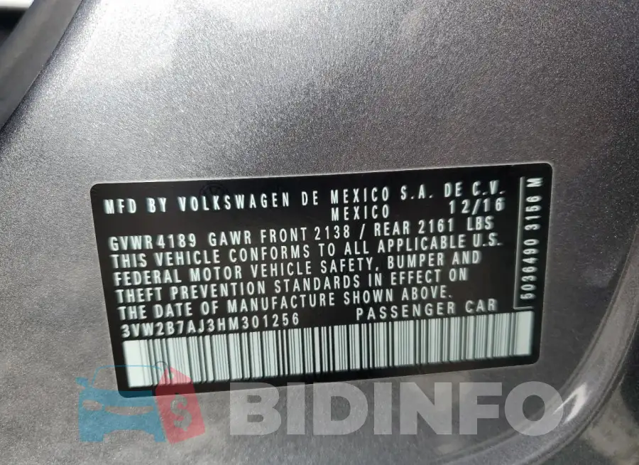 3VW2B7AJ3HM301256 Photo# 12