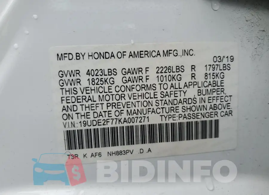 19UDE2F77KA007271 Photo# 13