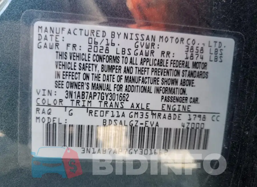 3N1AB7AP7GY301662 Photo# 13
