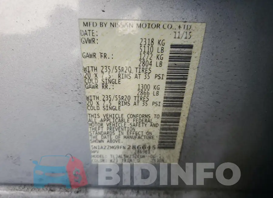 5N1AZ2MG9FN286645 Photo# 13