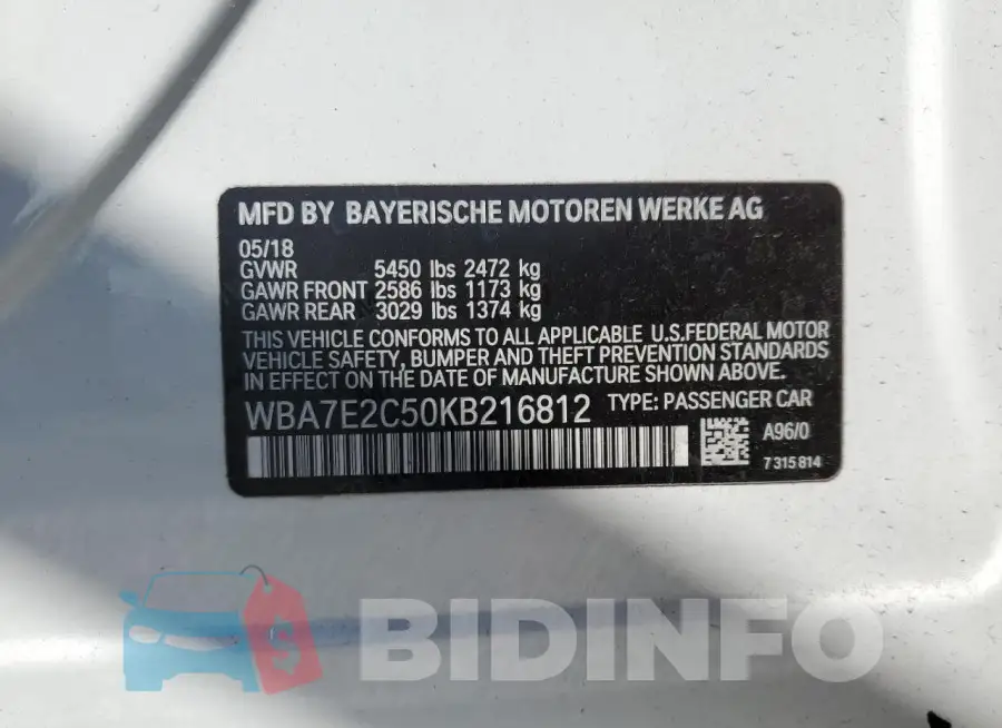WBA7E2C50KB216812 Photo# 12