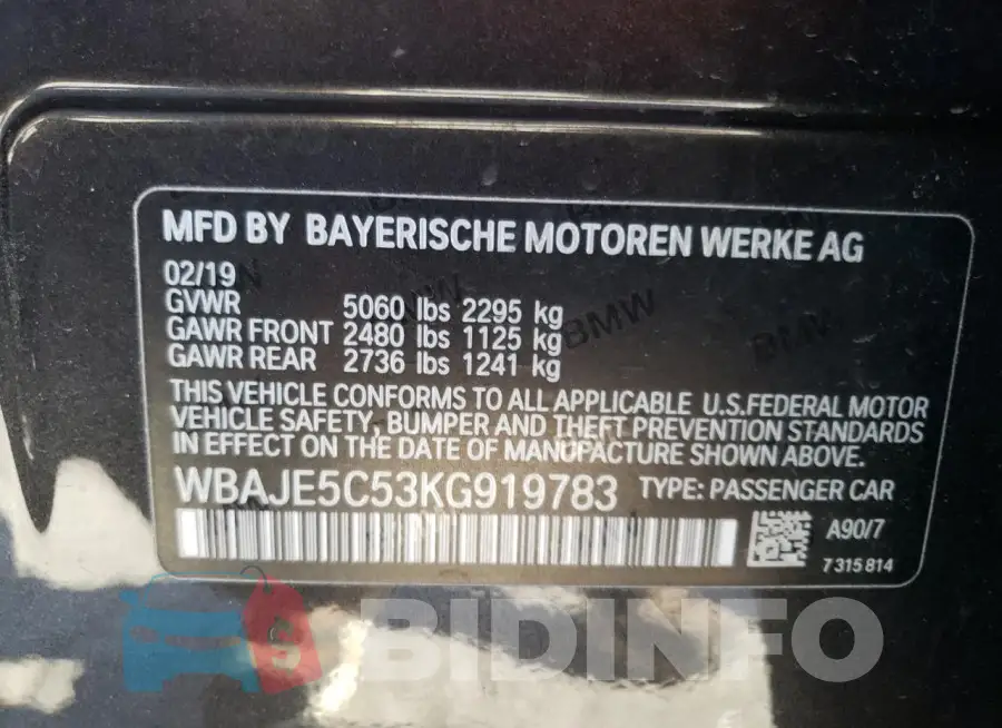 WBAJE5C53KG919783 Photo# 12