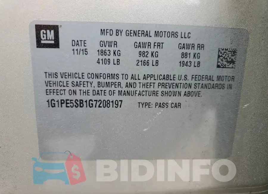 1G1PE5SB1G7208197 Photo# 13