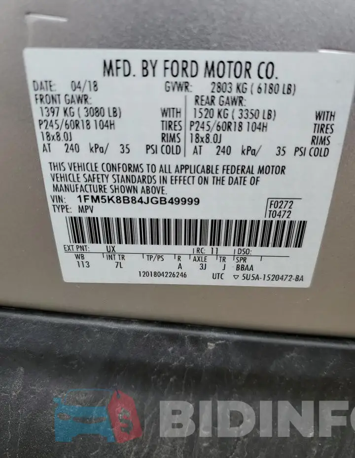 1FM5K8B84JGB49999 Photo# 13